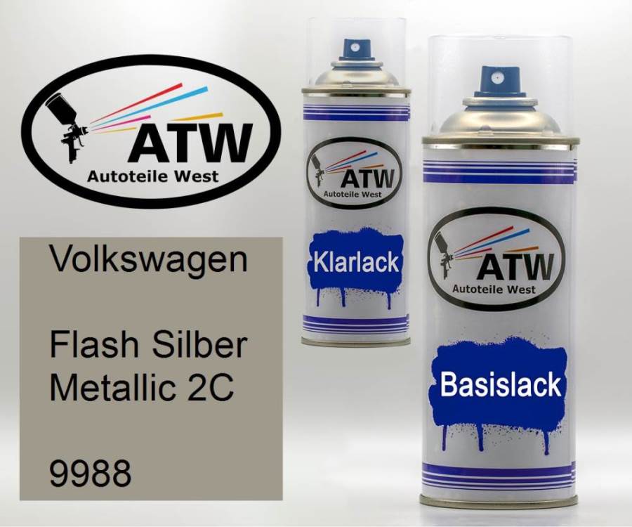 Volkswagen, Flash Silber Metallic 2C, 9988: 400ml Sprühdose + 400ml Klarlack - Set, von ATW Autoteile West.